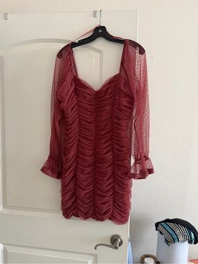 Haute Monde Wine Red Ruched Sheer Long Sleeve Dress